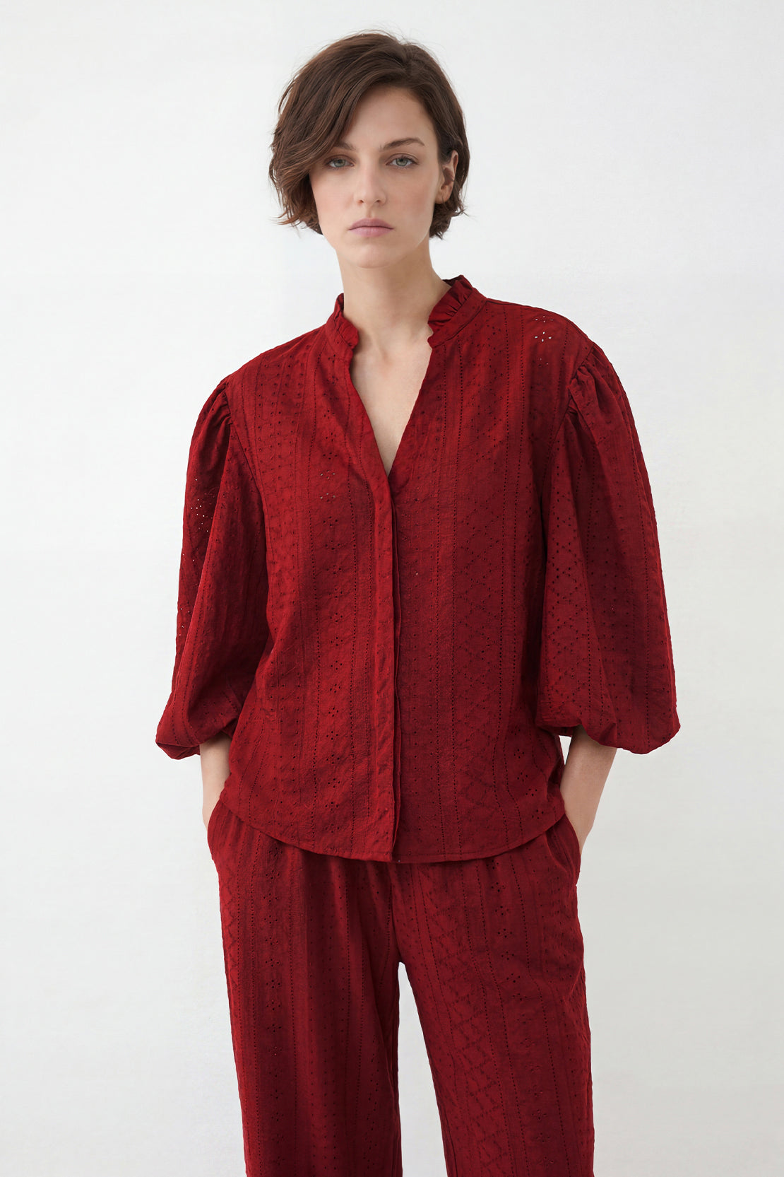 KOKO Nova Knit Ruffled Sleeve Top & Pleated Pants – Red
