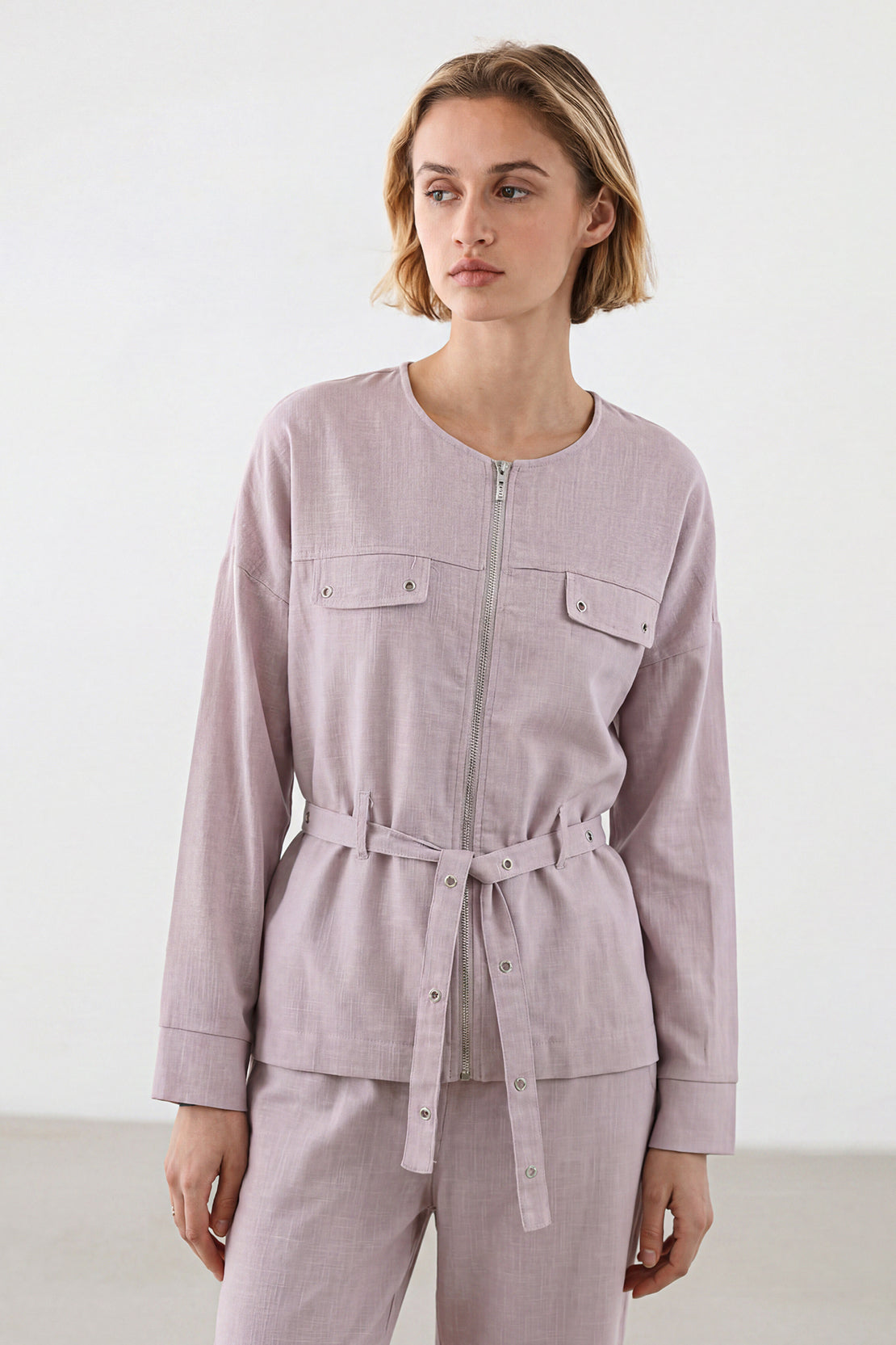 KOKO Structured Linen Zip-Up Top & Bottom – Lavender