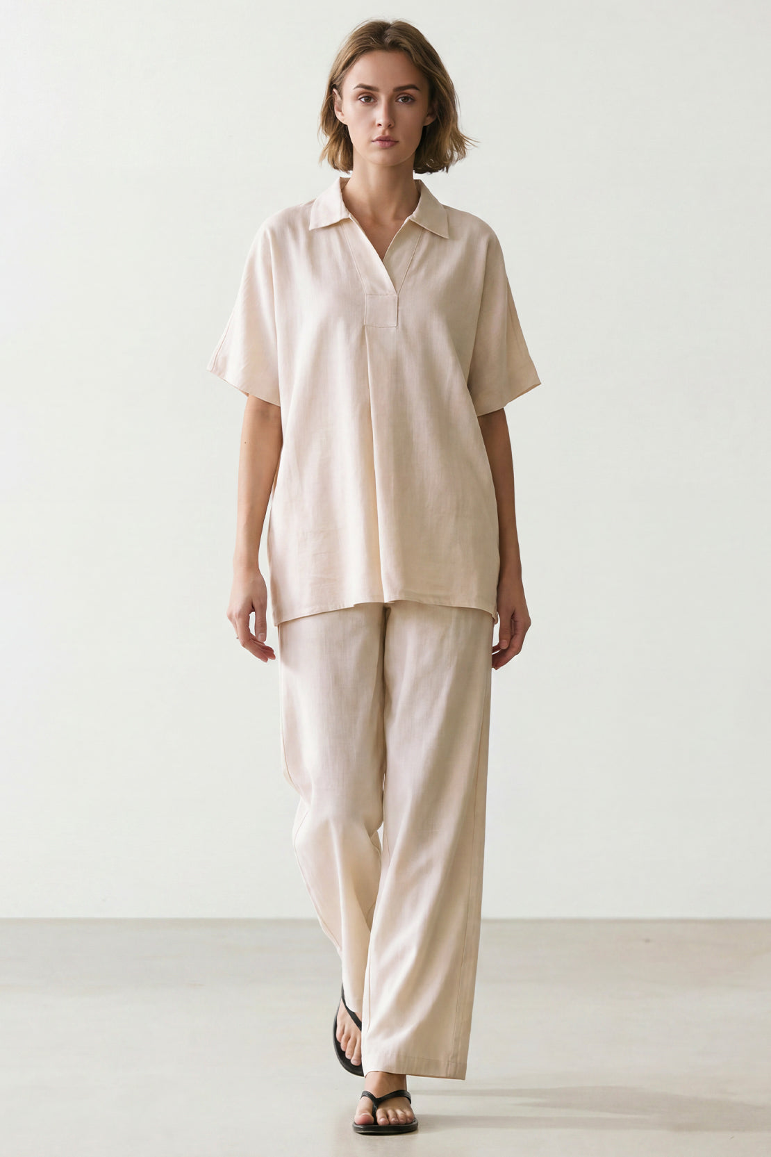 KOKO Linen Blend V-Neck Top & Wide-Leg Bottom – Apricot