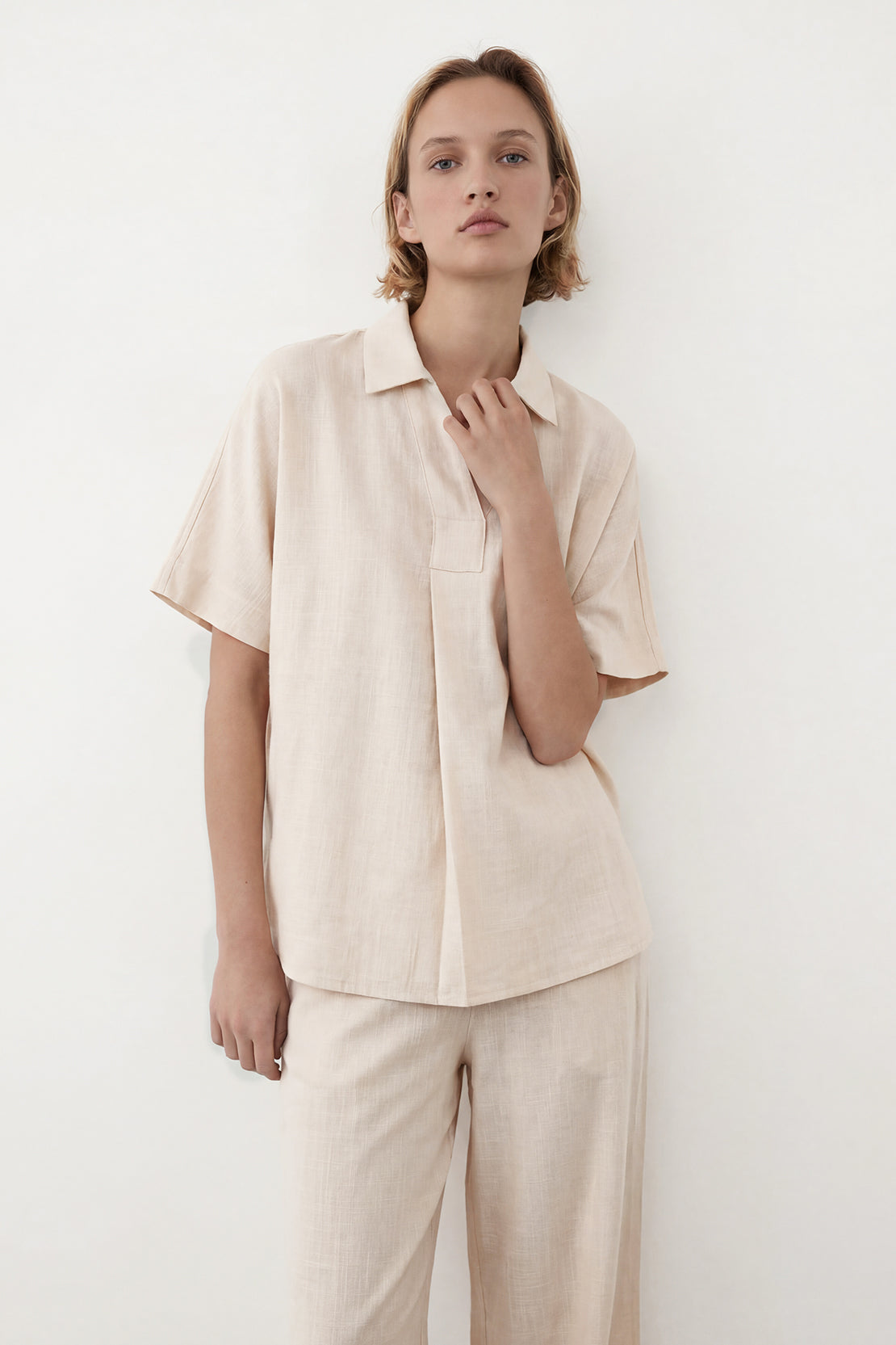 KOKO Linen Blend V-Neck Top & Wide-Leg Bottom – Apricot