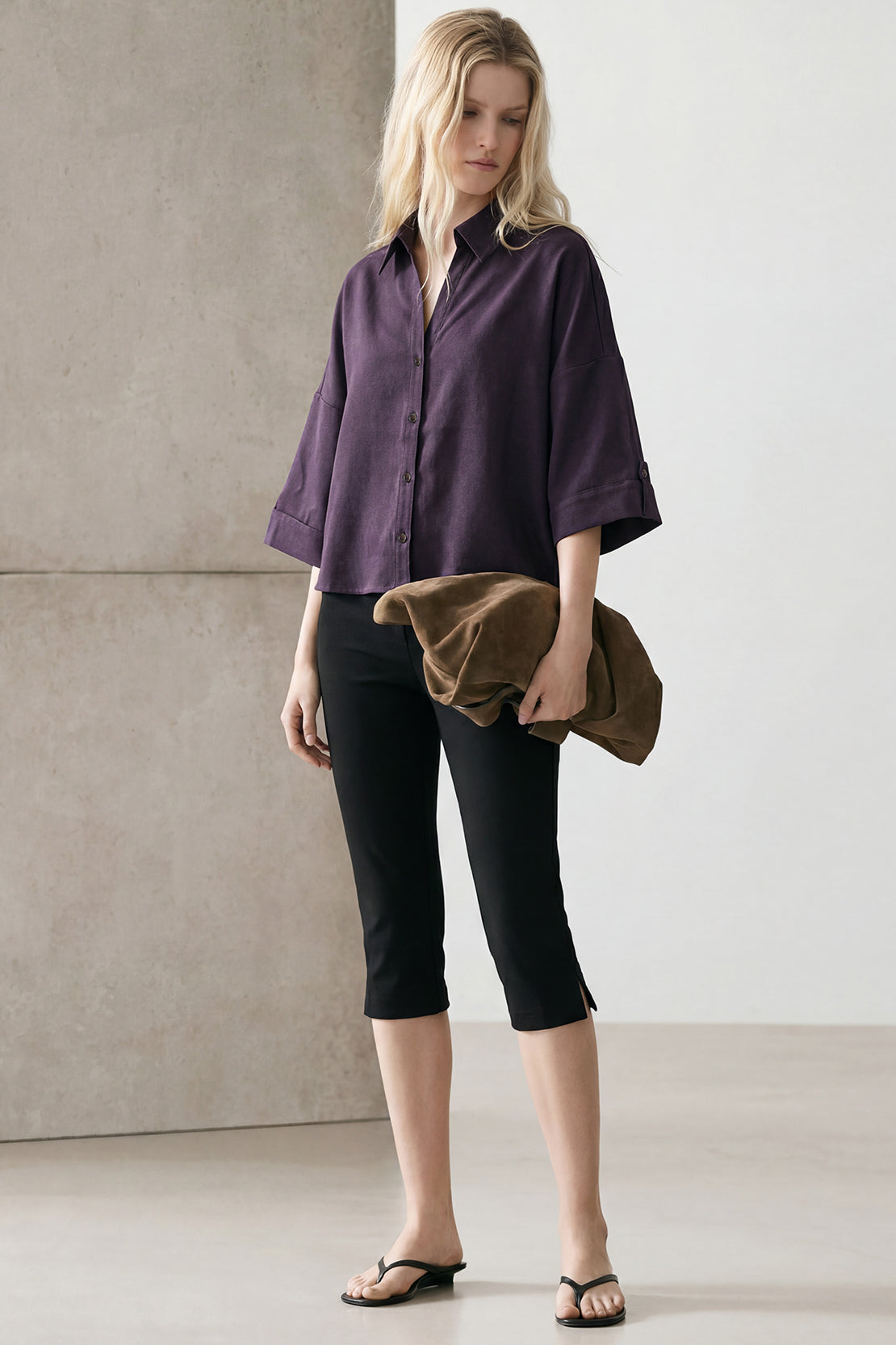 KOKO Bubble Linen Button-Down Top – Purple