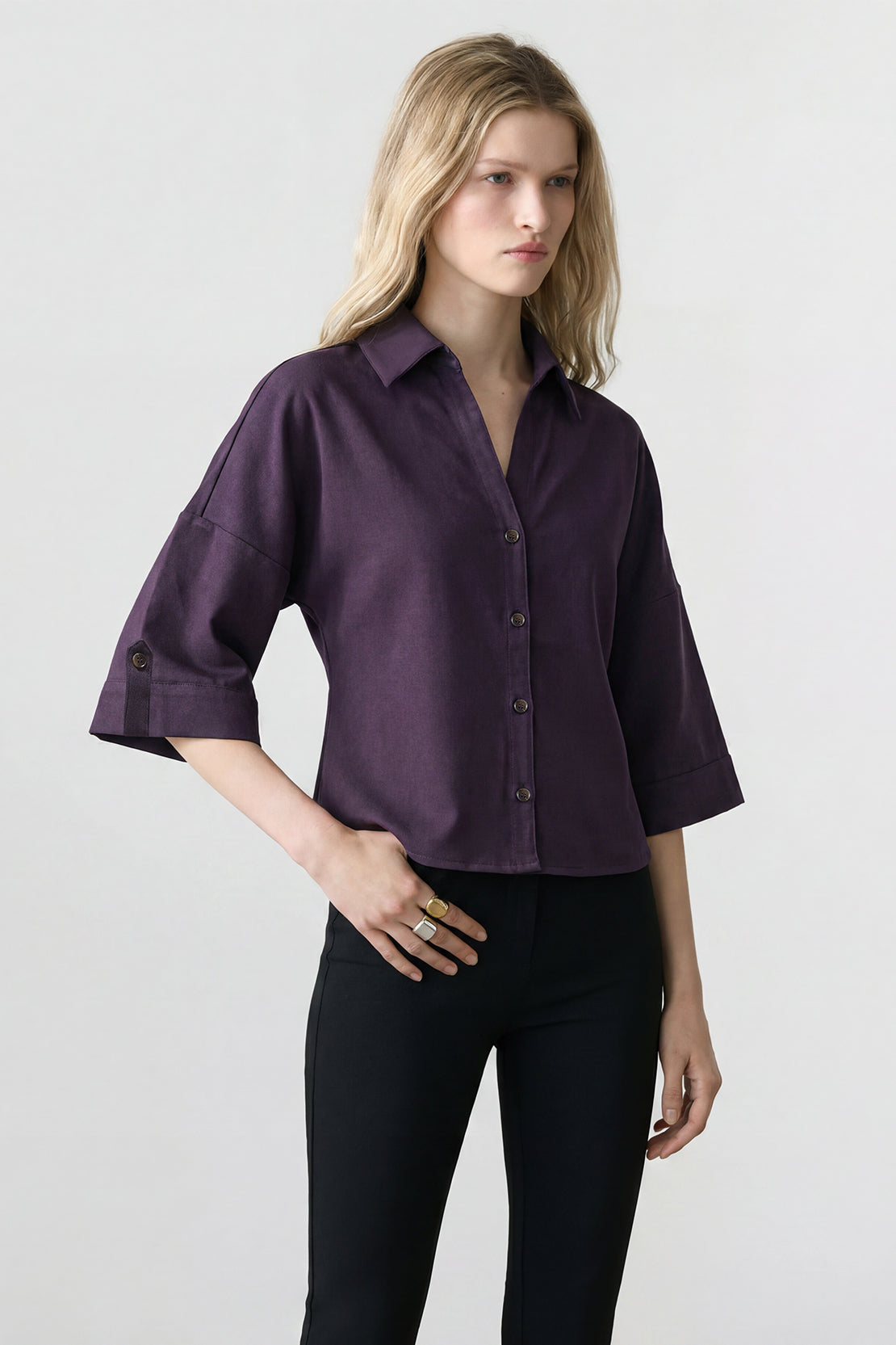KOKO Bubble Linen Button-Down Top – Purple