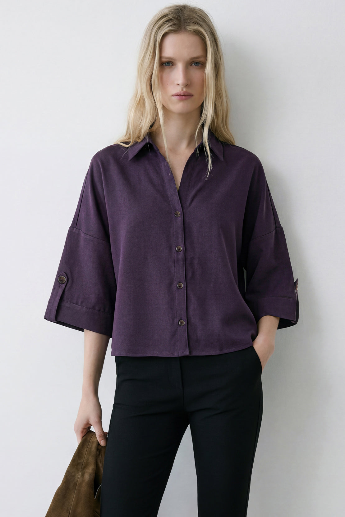KOKO Bubble Linen Button-Down Top – Purple