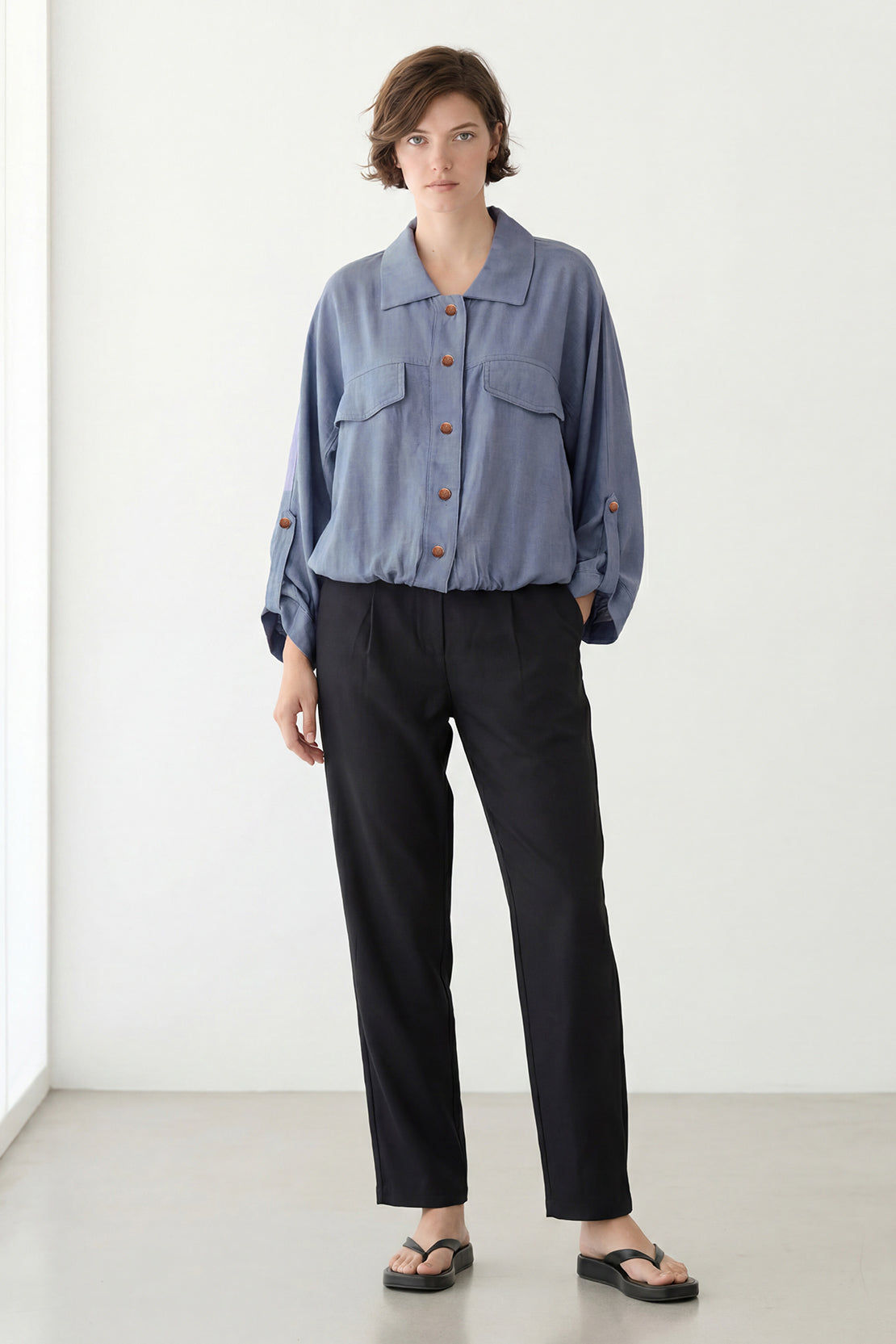 KOKO Mono Linen Button-Down Top – Blue