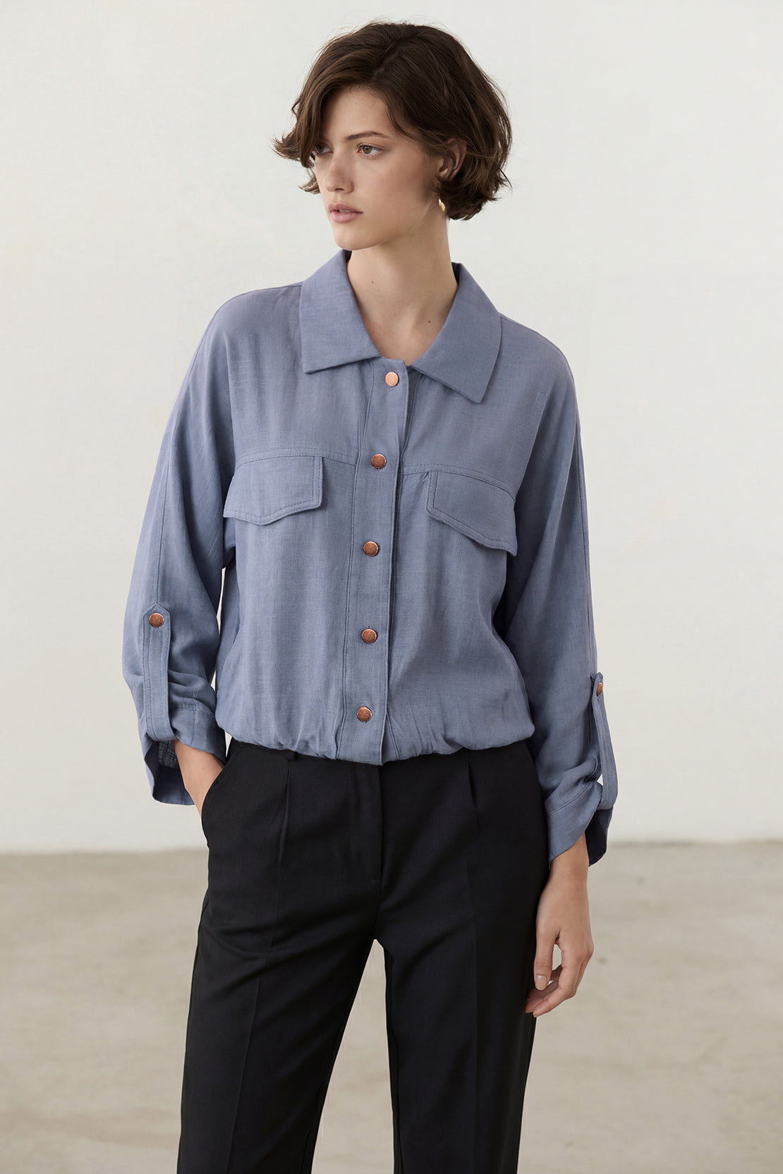 KOKO Mono Linen Button-Down Top – Blue