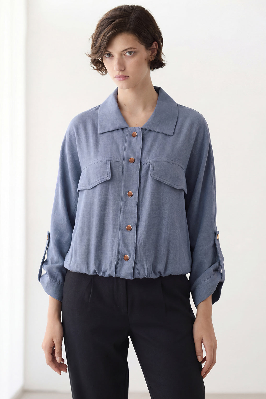 KOKO Mono Linen Button-Down Top – Blue