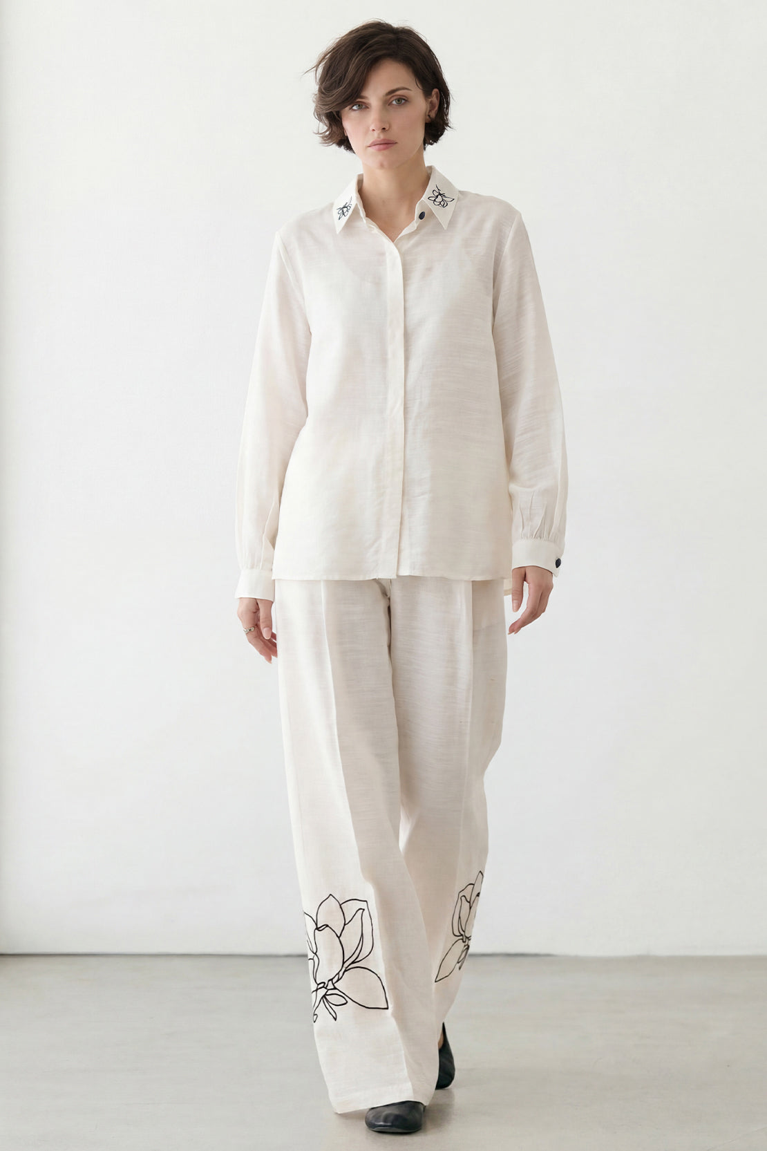KOKO Light Linen Embroidered Collar Shirt + Wide-Leg Bottom - White