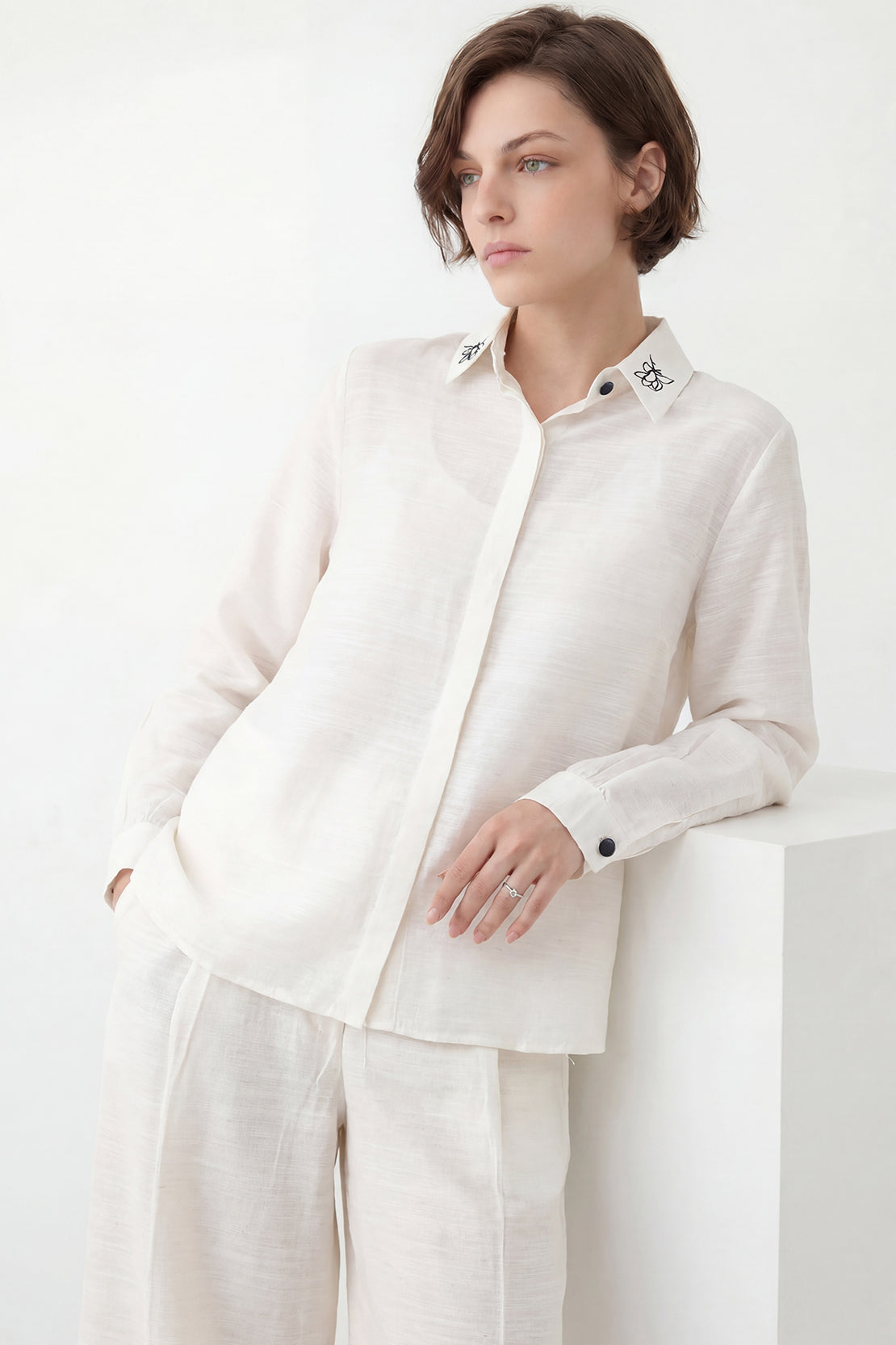 KOKO Light Linen Embroidered Collar Shirt + Wide-Leg Bottom - White