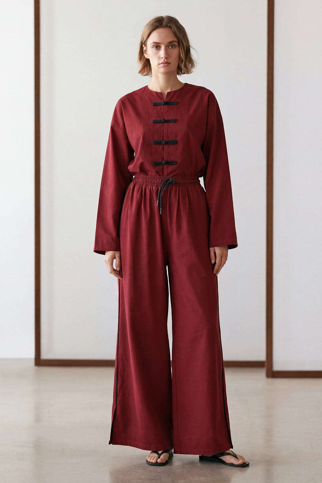 KOKO Smooth Cotton Wide-Leg Pants with Accent Slit – Deep wine