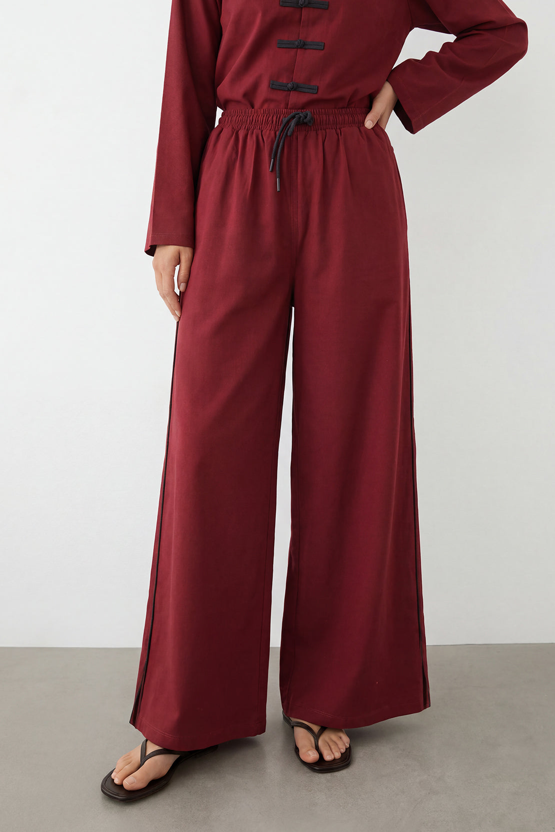 KOKO Smooth Cotton Wide-Leg Pants with Accent Slit – Deep wine