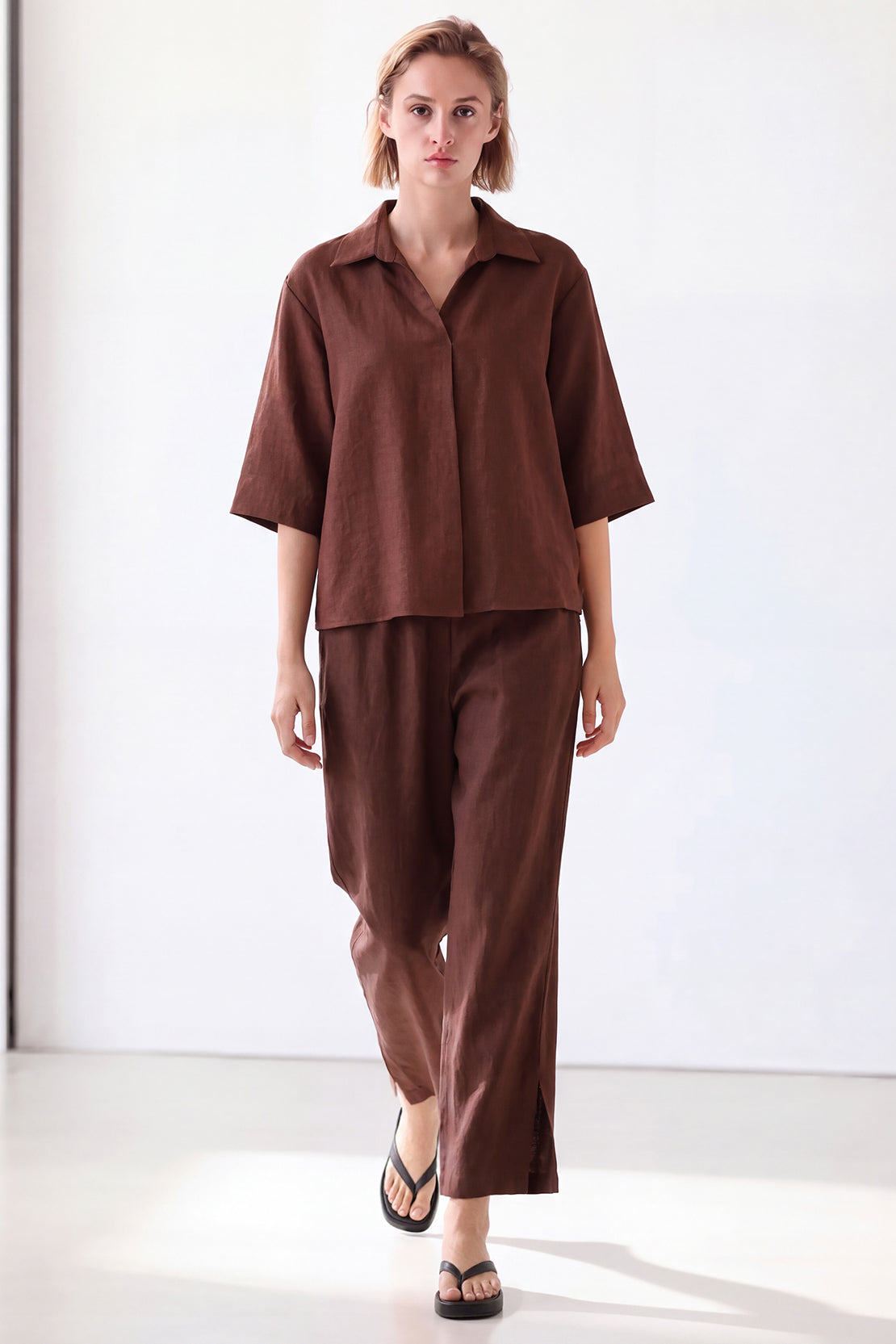 KOKO Pure Linen Straight-Fit Pants – Brown