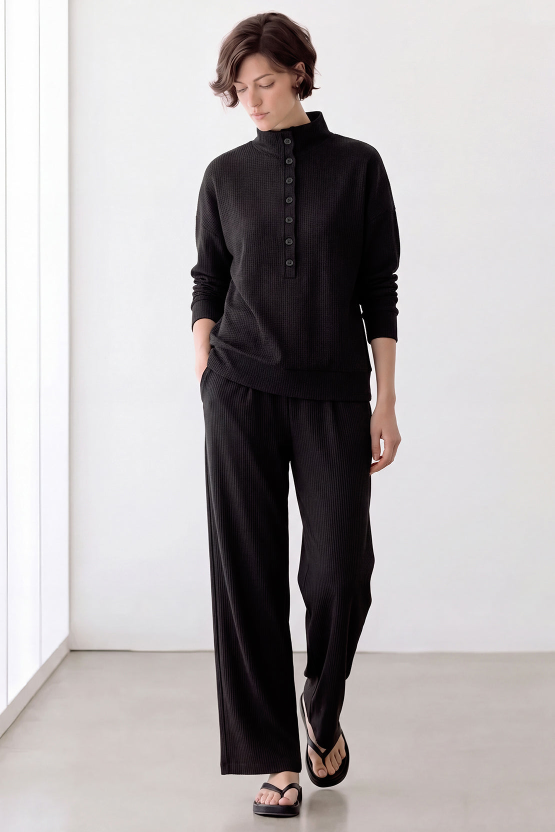 KOKO Structured Knit Button Collared Top
