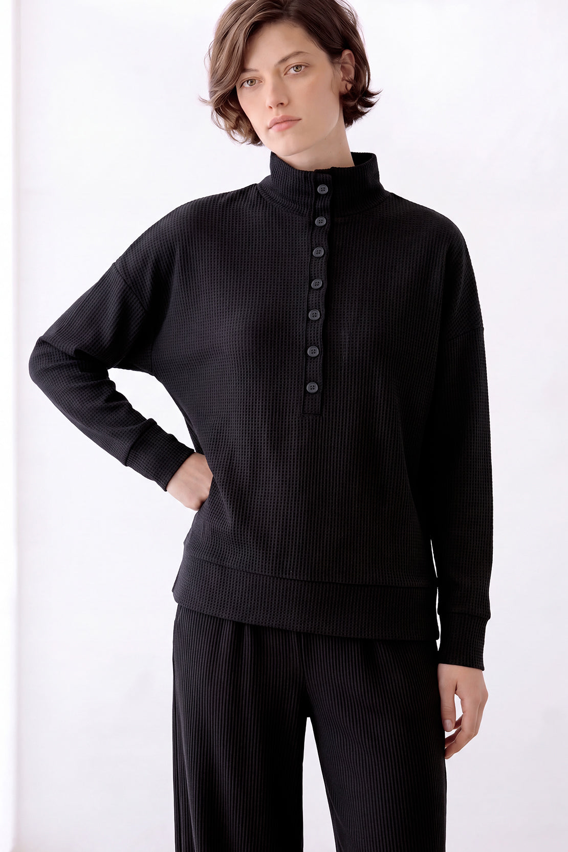 KOKO Structured Knit Button Collared Top