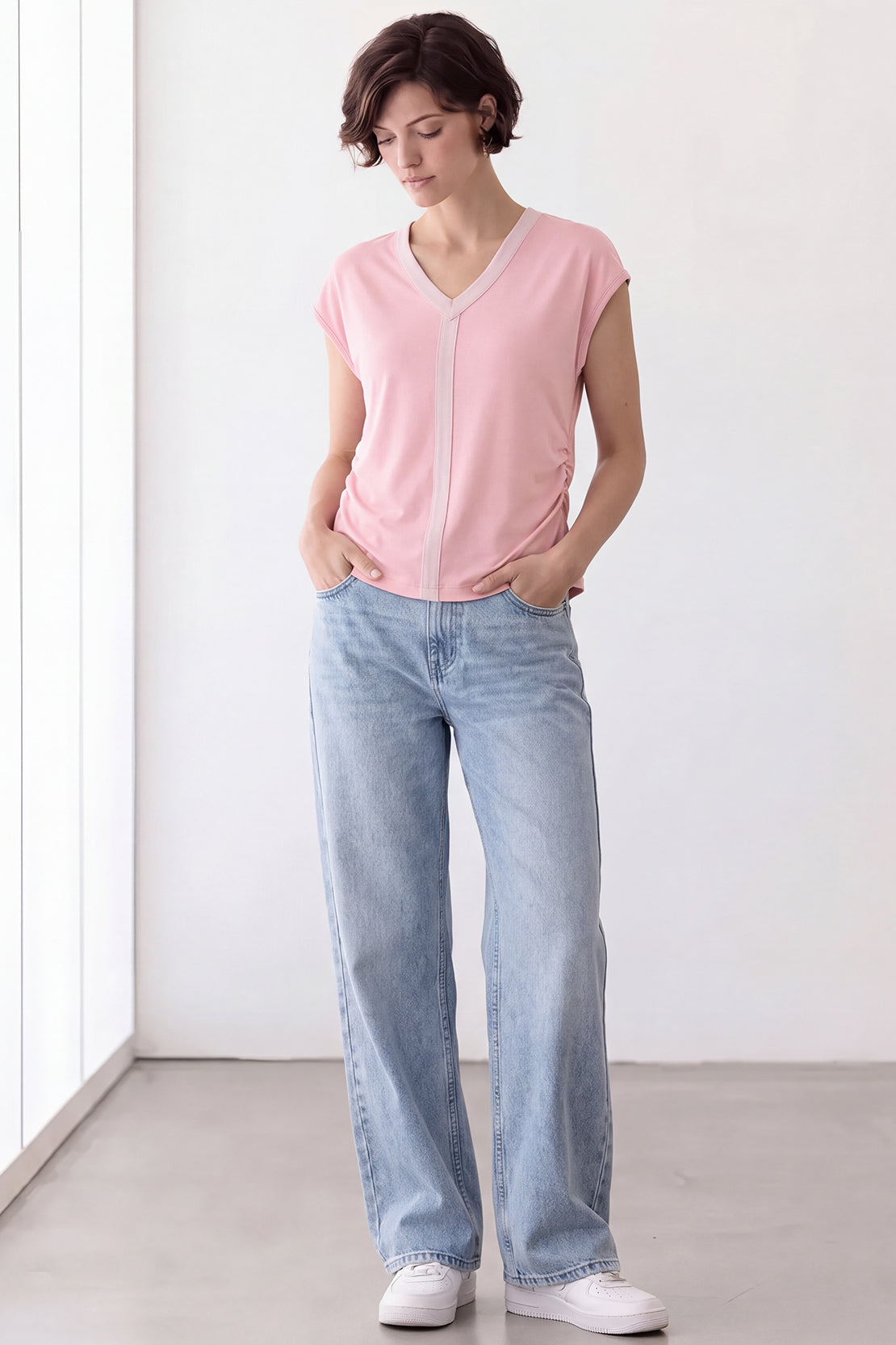 KOKO Cotton Ruched V-Neck Top