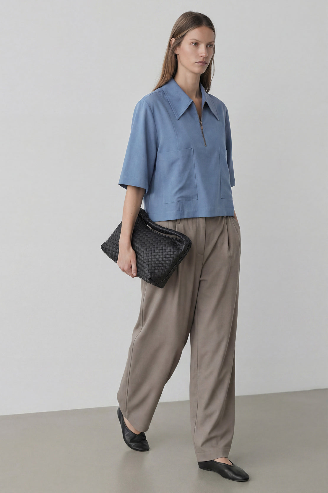 KOKO Pure-Ease Relaxed Zip Woven Shirt – Denim Blue & Brown