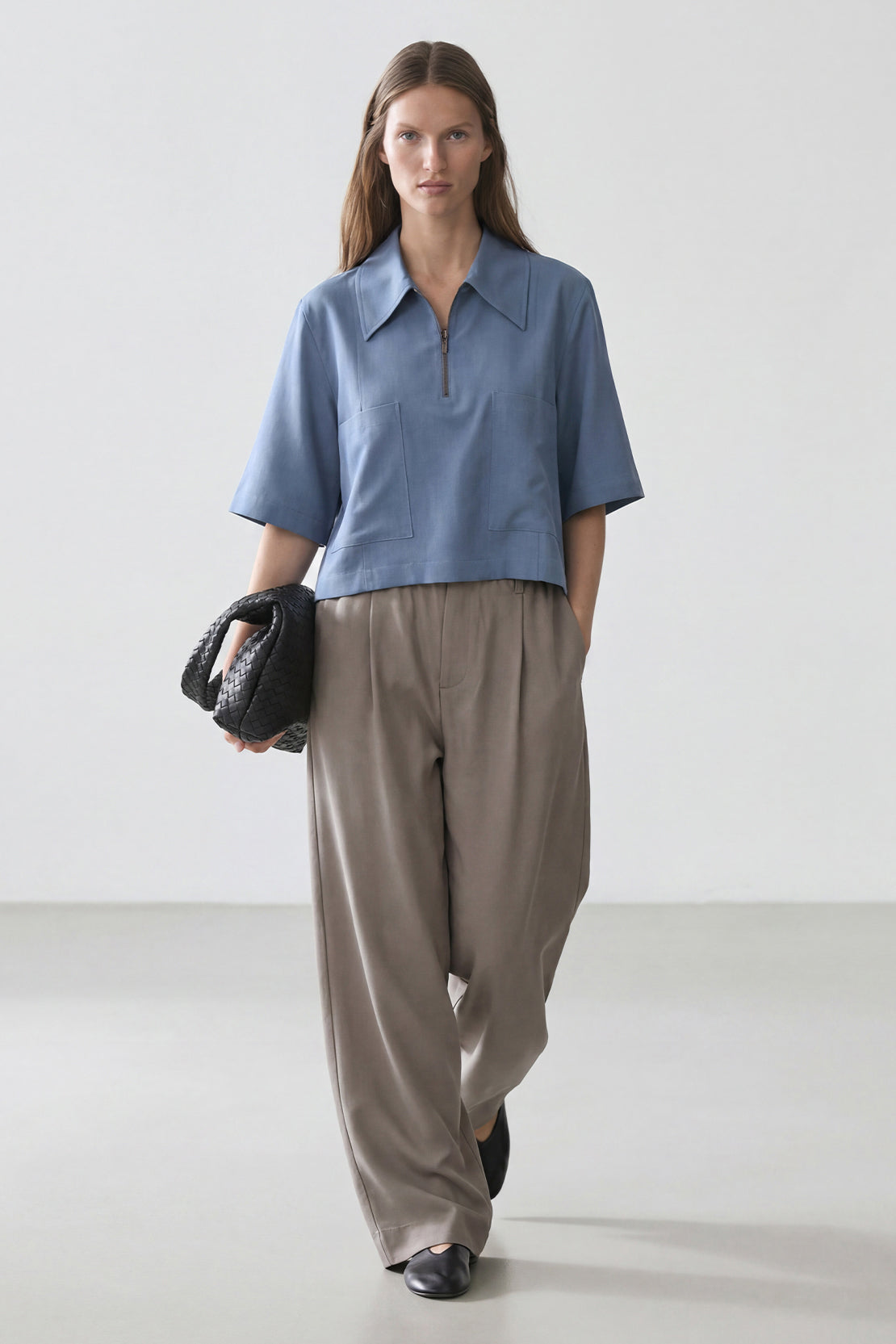 KOKO Pure-Ease Relaxed Zip Woven Shirt – Denim Blue & Brown