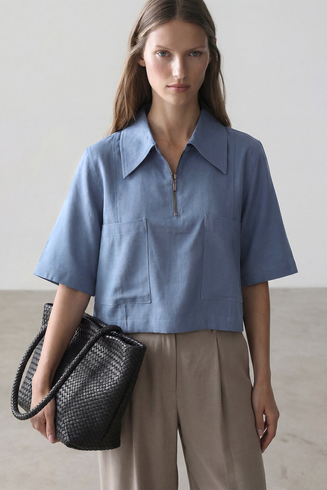KOKO Pure-Ease Relaxed Zip Woven Shirt – Denim Blue & Brown