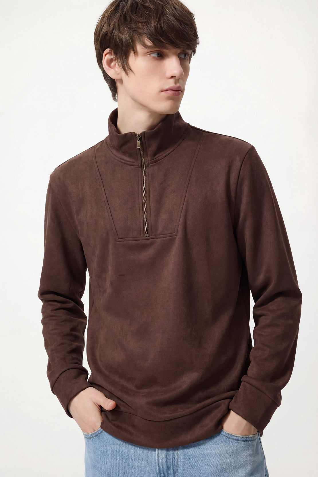 KOKO Soft Touch Suede Half–Zip Pullover – Brown & Sand
