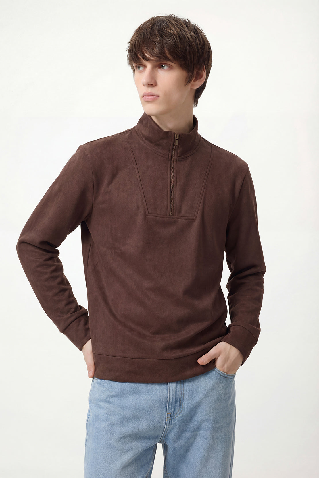 KOKO Soft Touch Suede Half–Zip Pullover – Brown & Sand