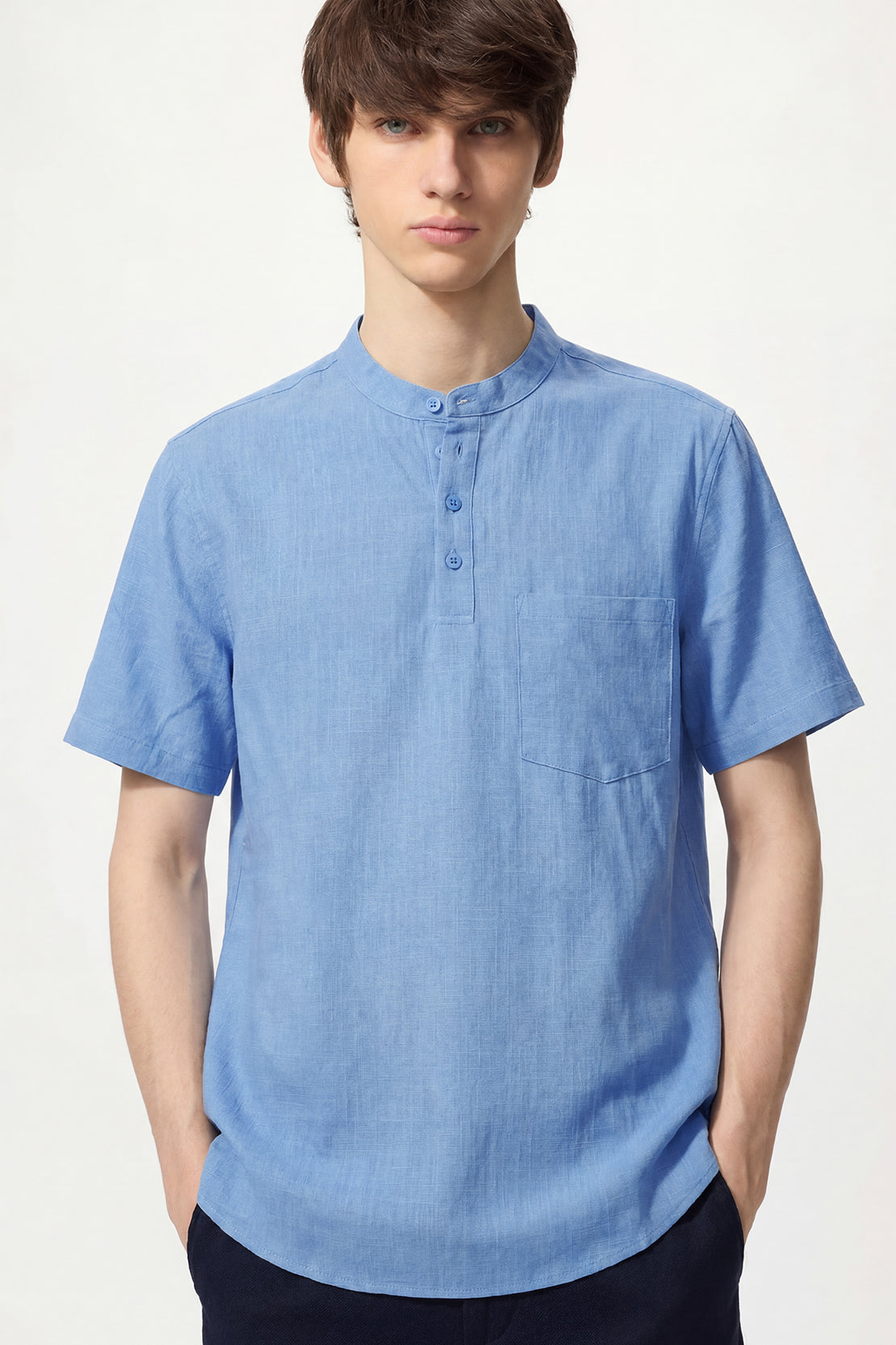 KOKO Structured Linen Henley Neck T-Shirt - Blue Breeze