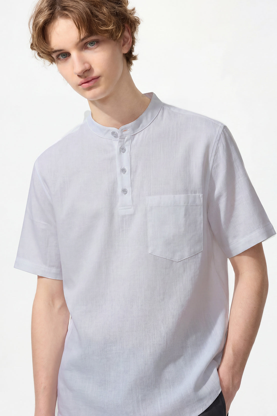 KOKO Structured Linen Henley Neck T-Shirt – White