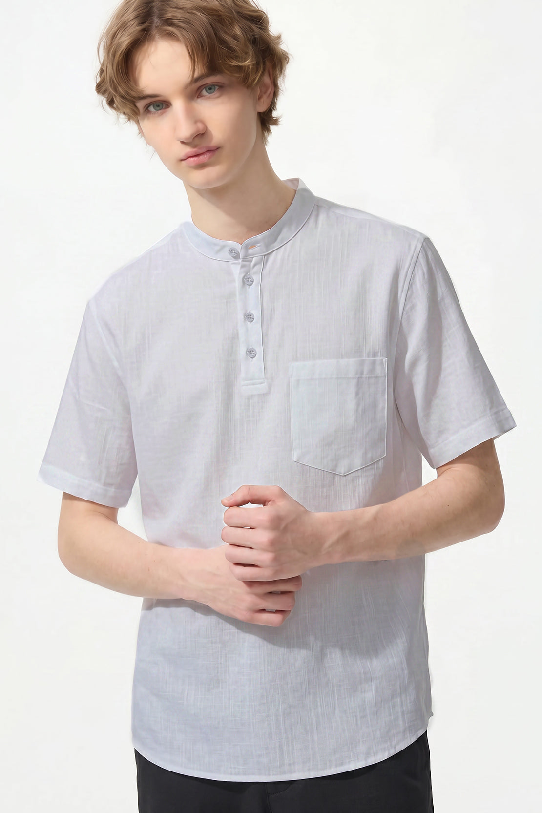 KOKO Structured Linen Henley Neck T-Shirt – White