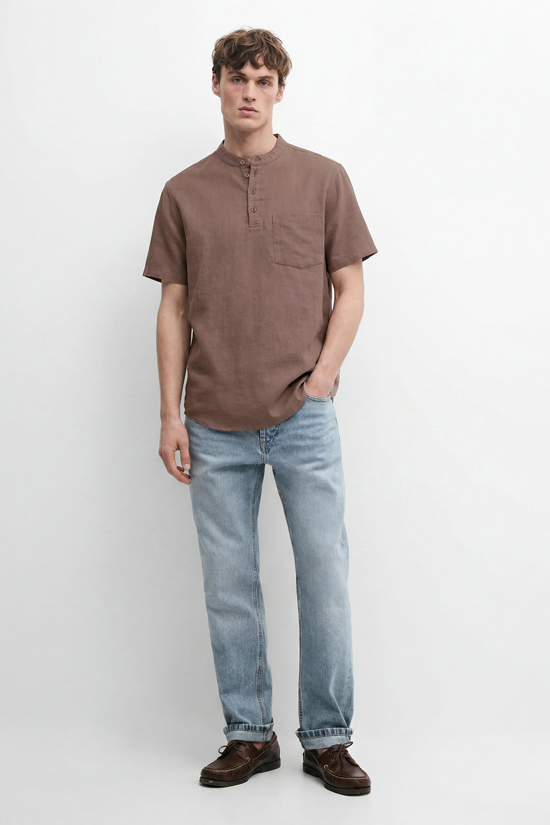 KOKO Structured Linen Henley Neck T-Shirt – Brown