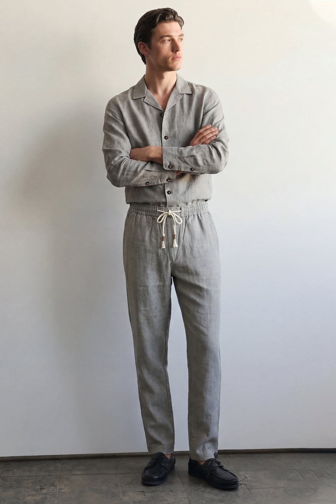 KOKO Linen Button-Down Shirt & Drawstring Relaxed Trouser – Grey
