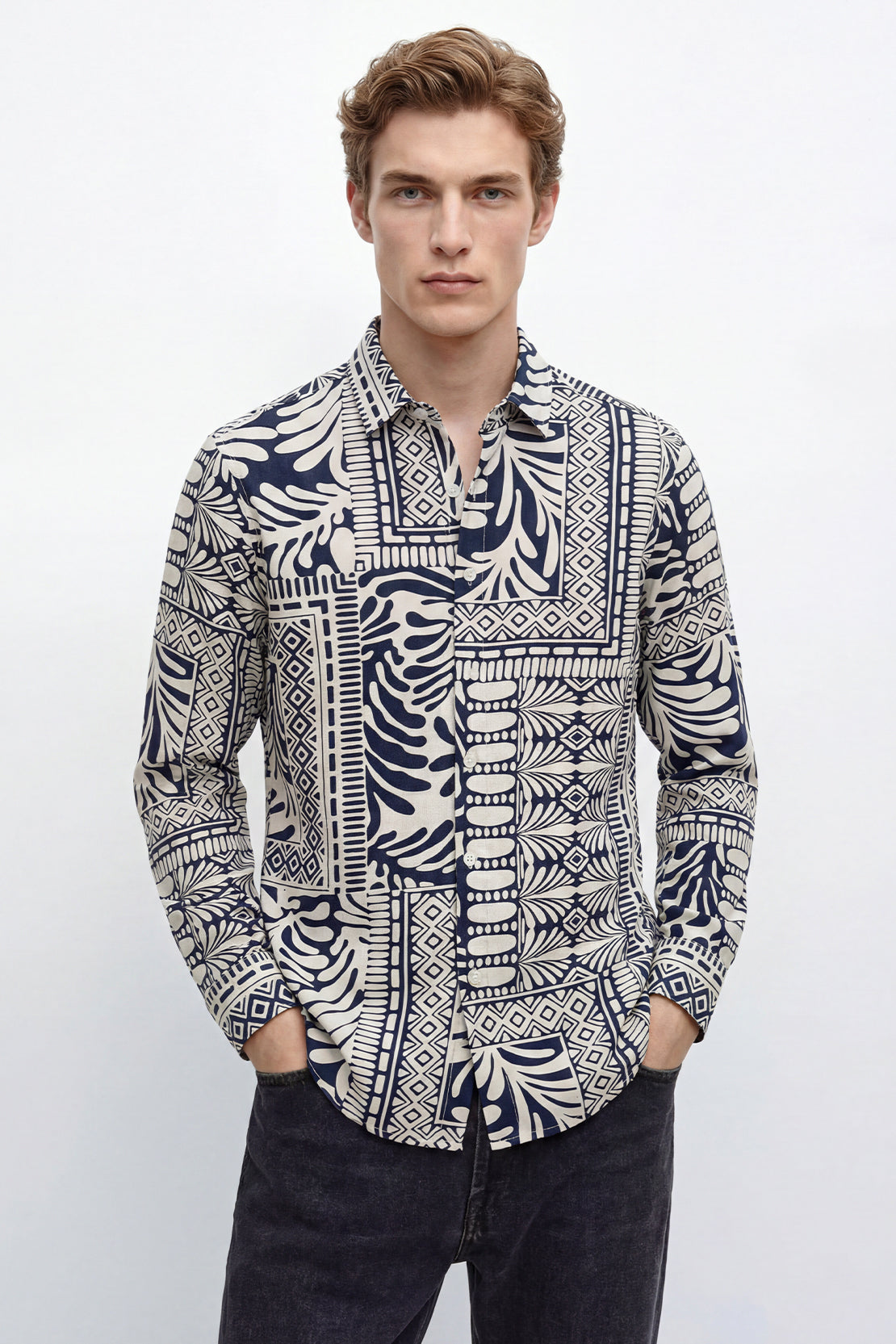 KOKO Linen Blend Button-Down Shirt – Navy