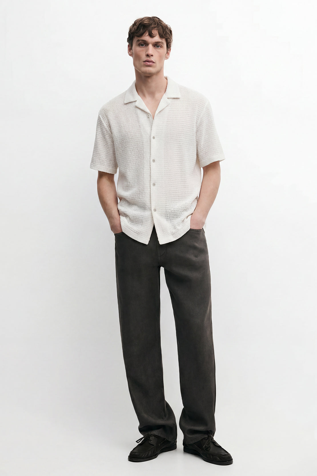 KOKO Grid Knit Button-Down Shirt – white