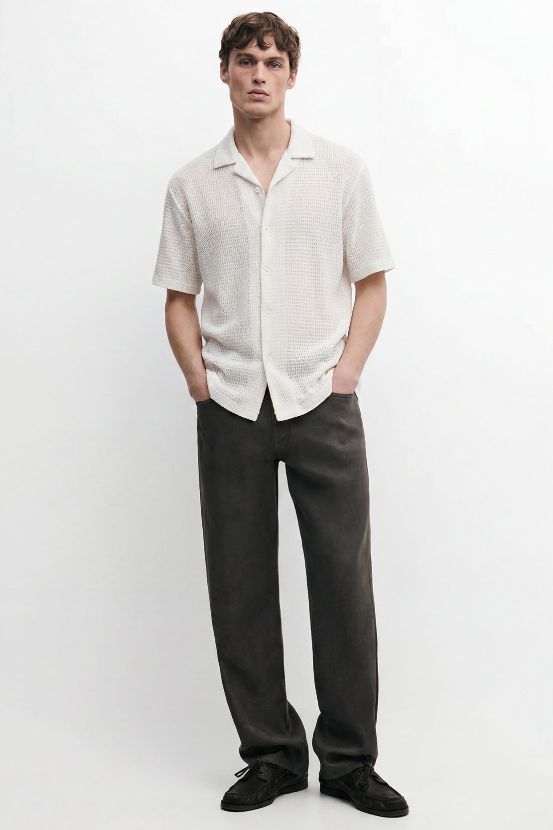 KOKO Grid Knit Button-Down Shirt – white