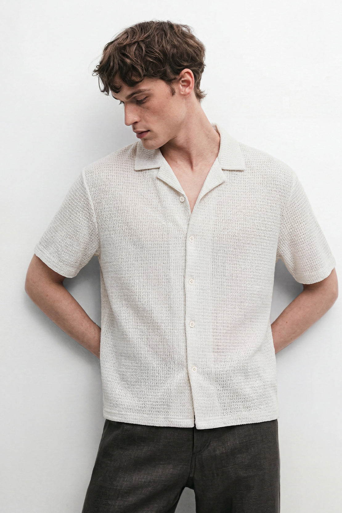 KOKO Grid Knit Button-Down Shirt – white
