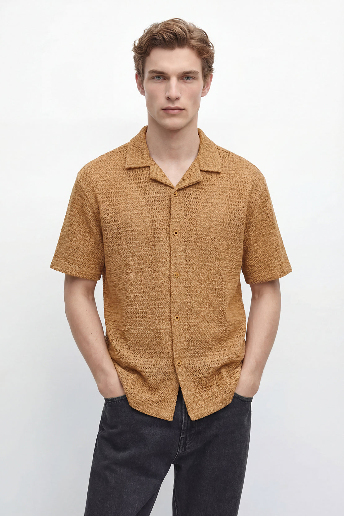 KOKO Grid Knit Button-Down Shirt – camel