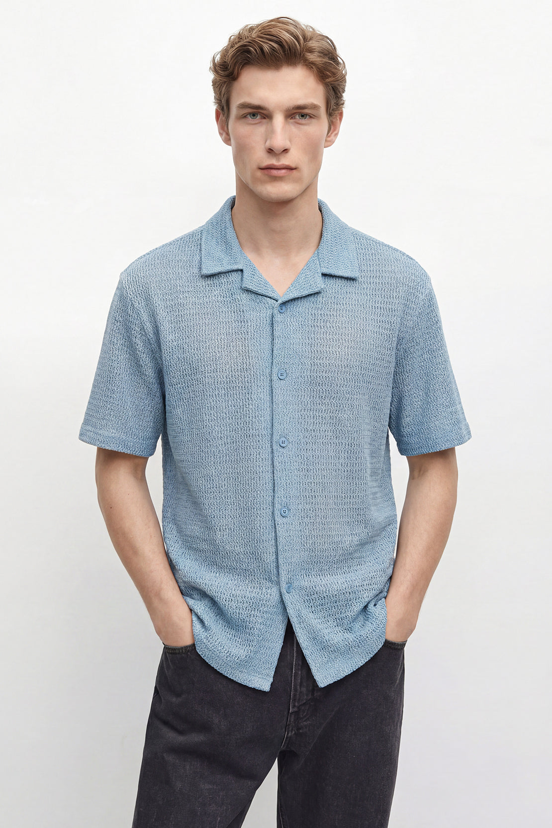 KOKO Grid Knit Button-Down Shirt – Light Blue