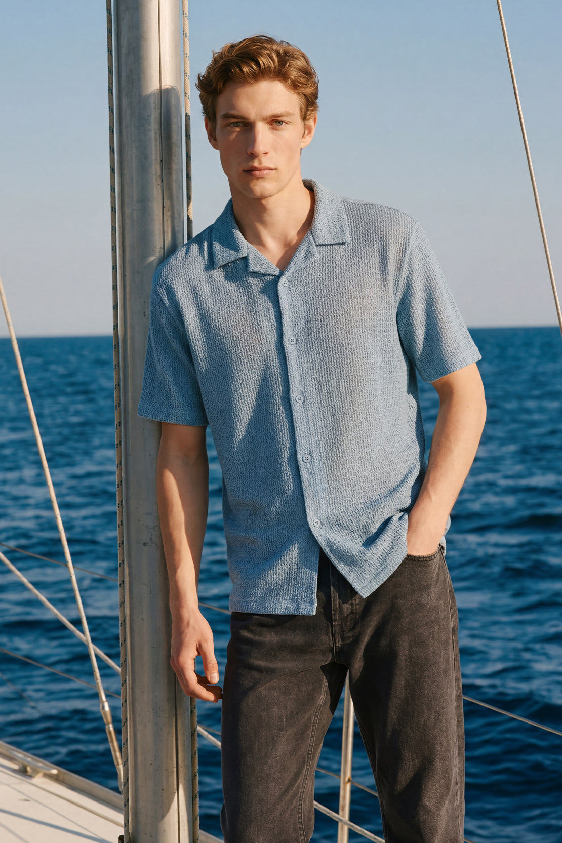 KOKO Grid Knit Button-Down Shirt – Light Blue