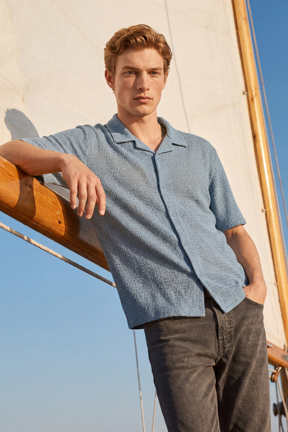 KOKO Grid Knit Button-Down Shirt – Light Blue