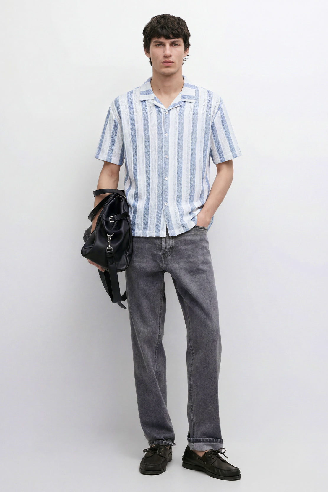 KOKO Textured Knit Striped Button-Down Shirt – White