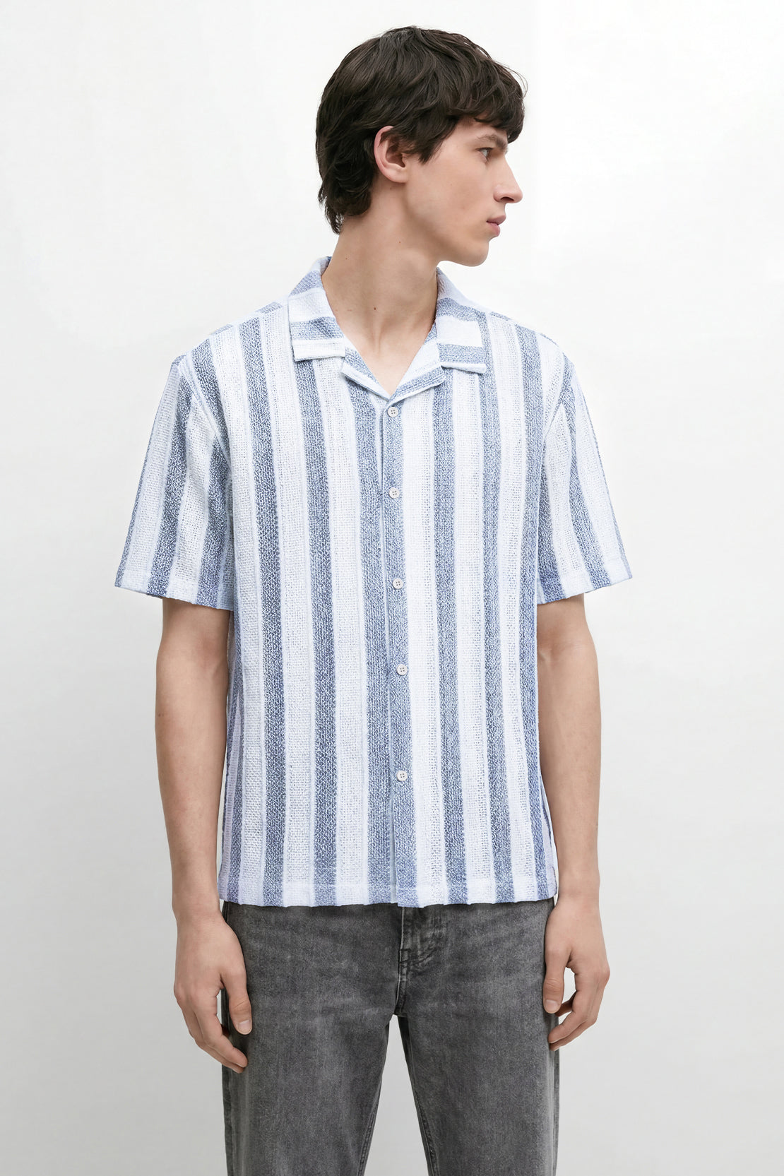 KOKO Textured Knit Striped Button-Down Shirt – White