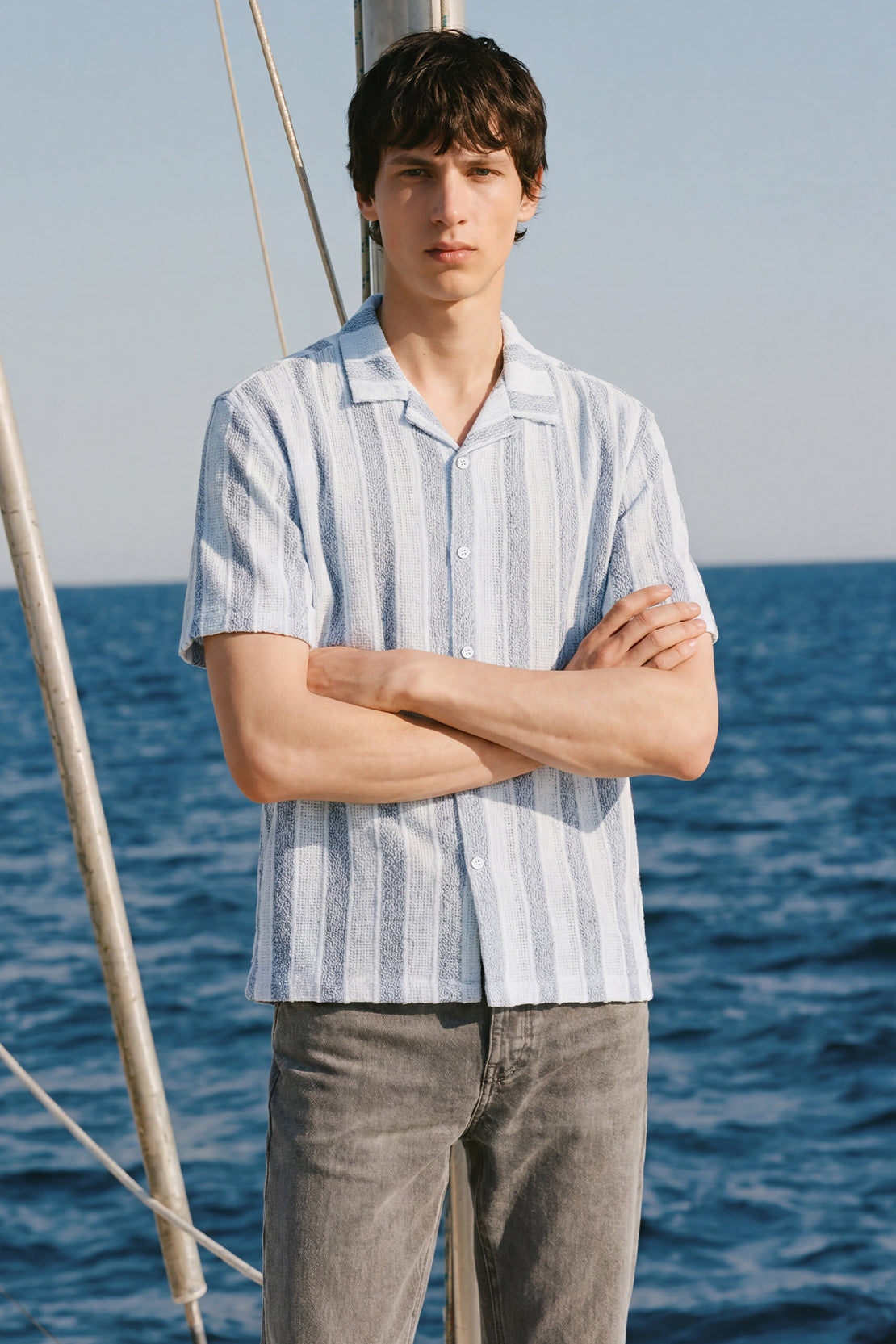 KOKO Textured Knit Striped Button-Down Shirt – White