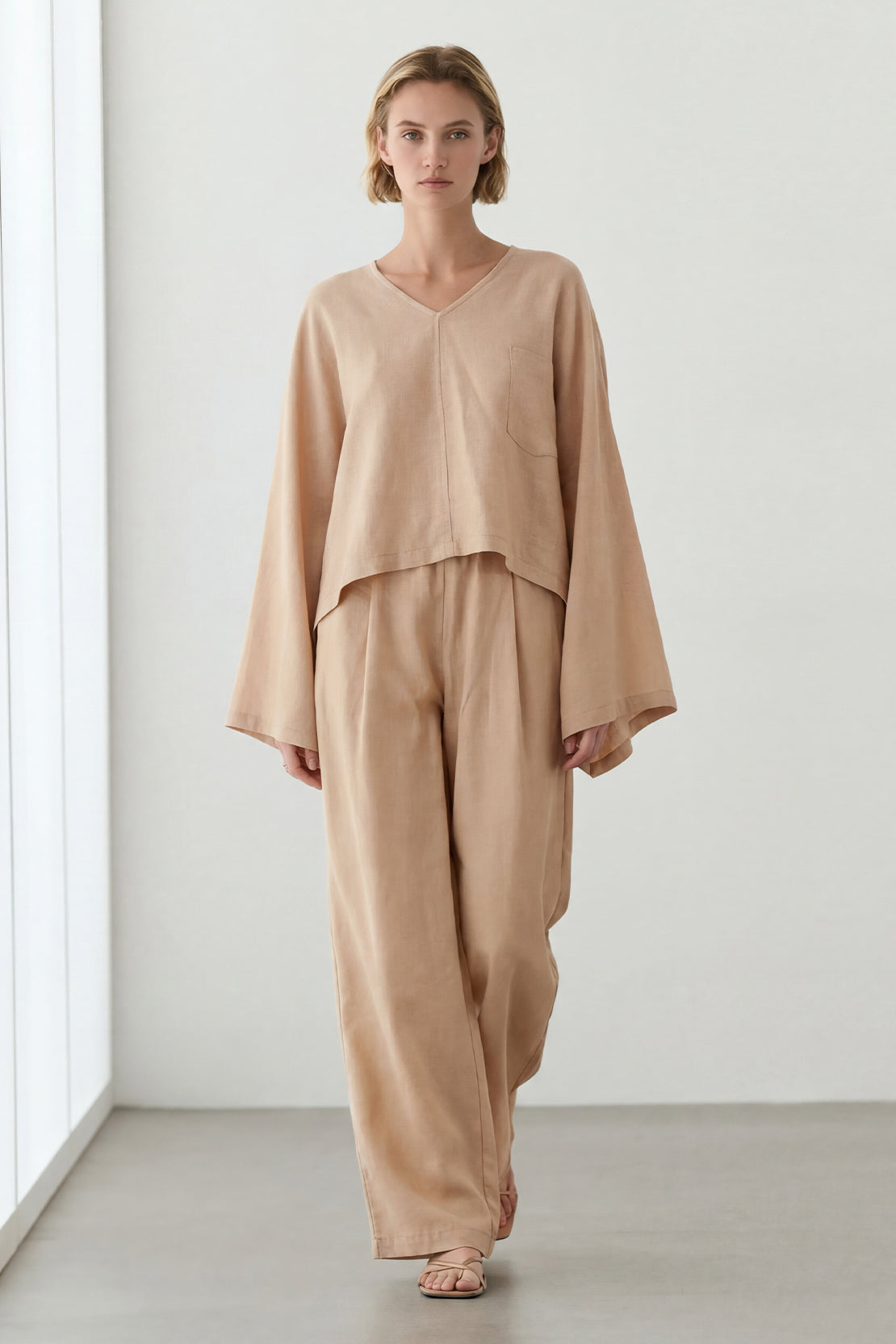 KOKO Pure Linen V-Neck Top & Relaxed Trousers –  Dark Beige
