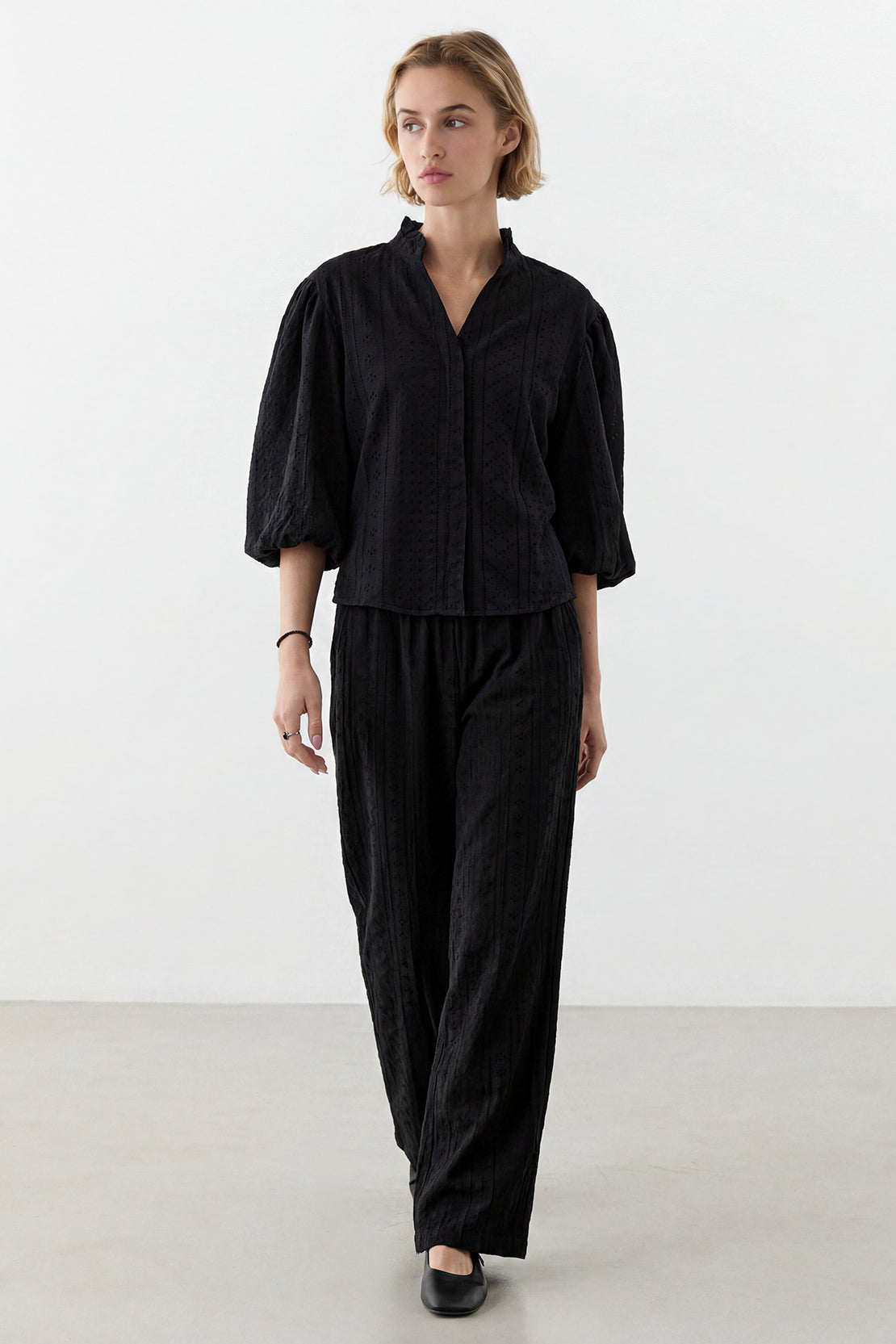 KOKO Nova Knit Ruffled Sleeve Top & Pleated Pants – Black
