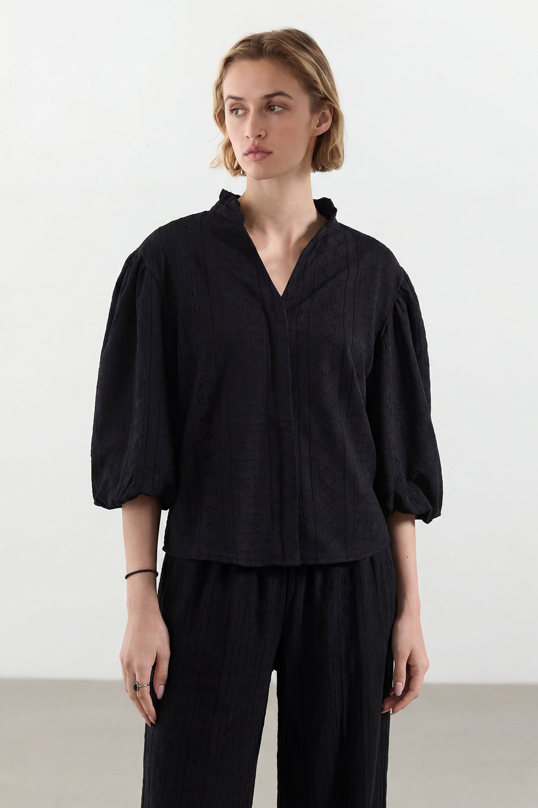 KOKO Nova Knit Ruffled Sleeve Top & Pleated Pants – Black