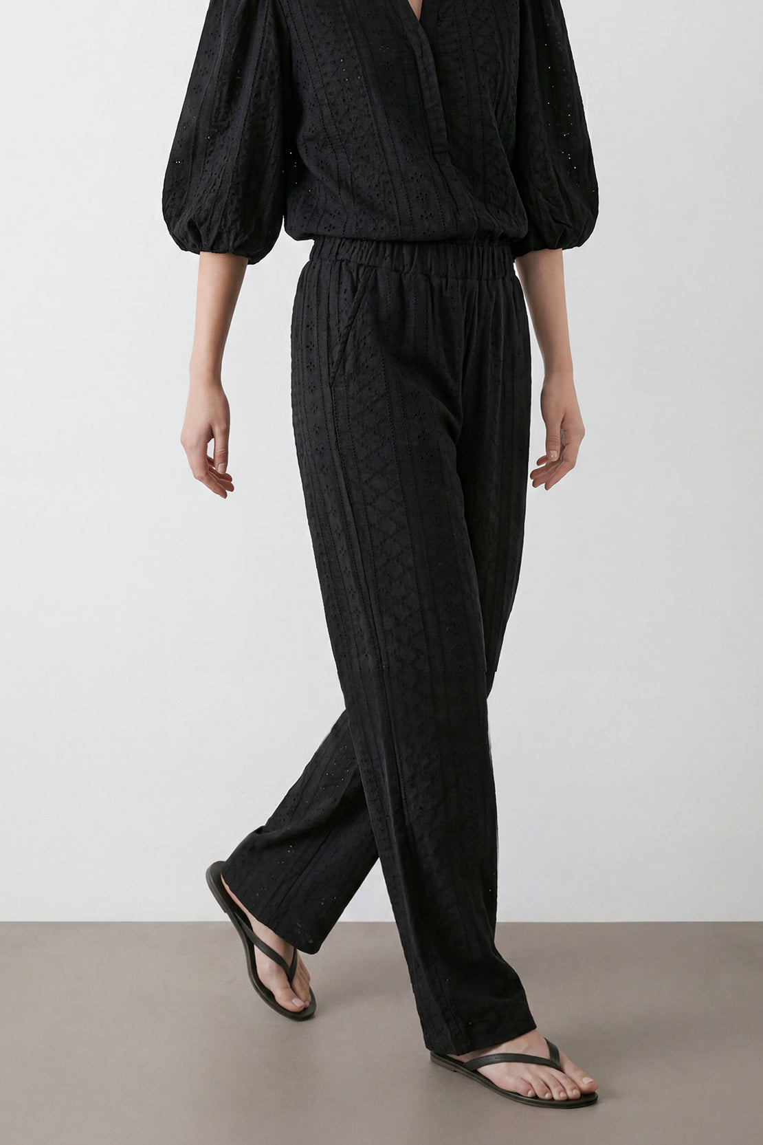 KOKO Nova Knit Ruffled Sleeve Top & Pleated Pants – Black