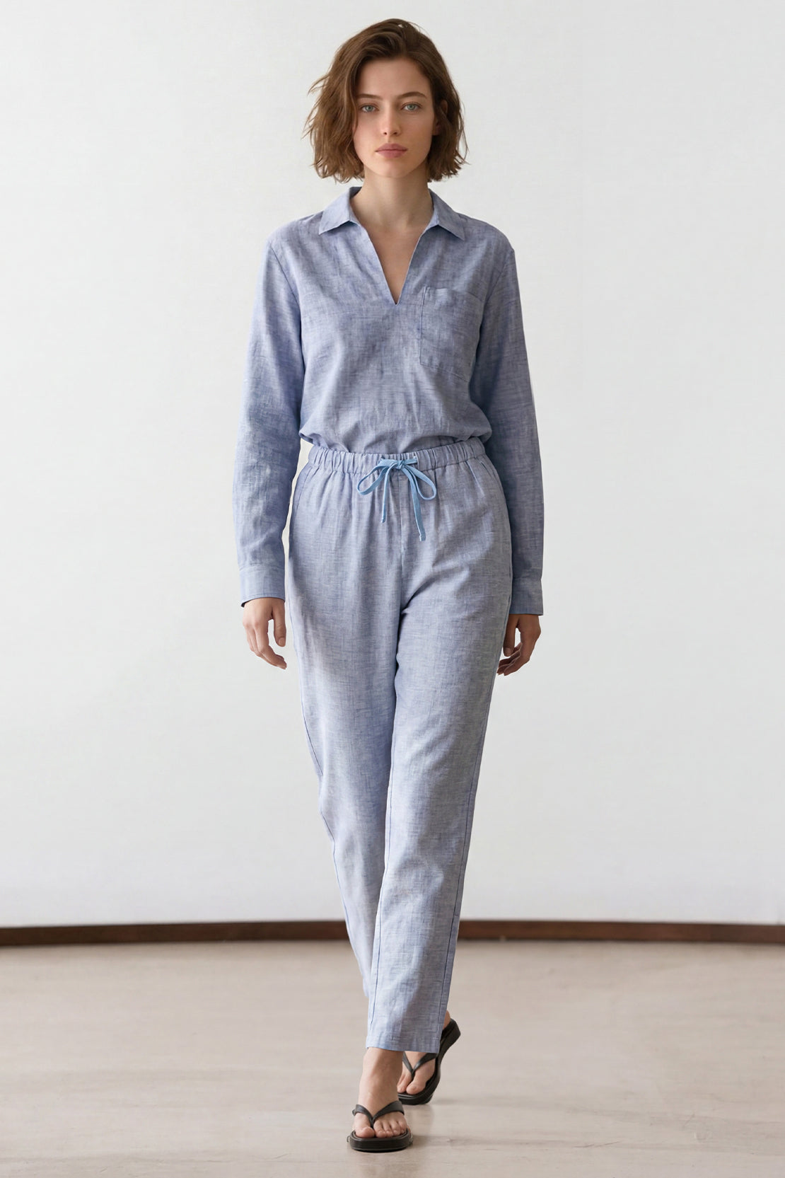 KOKO Nova Linen Relaxed Pocket Top & Relaxed Straight Pants – Cyan blue