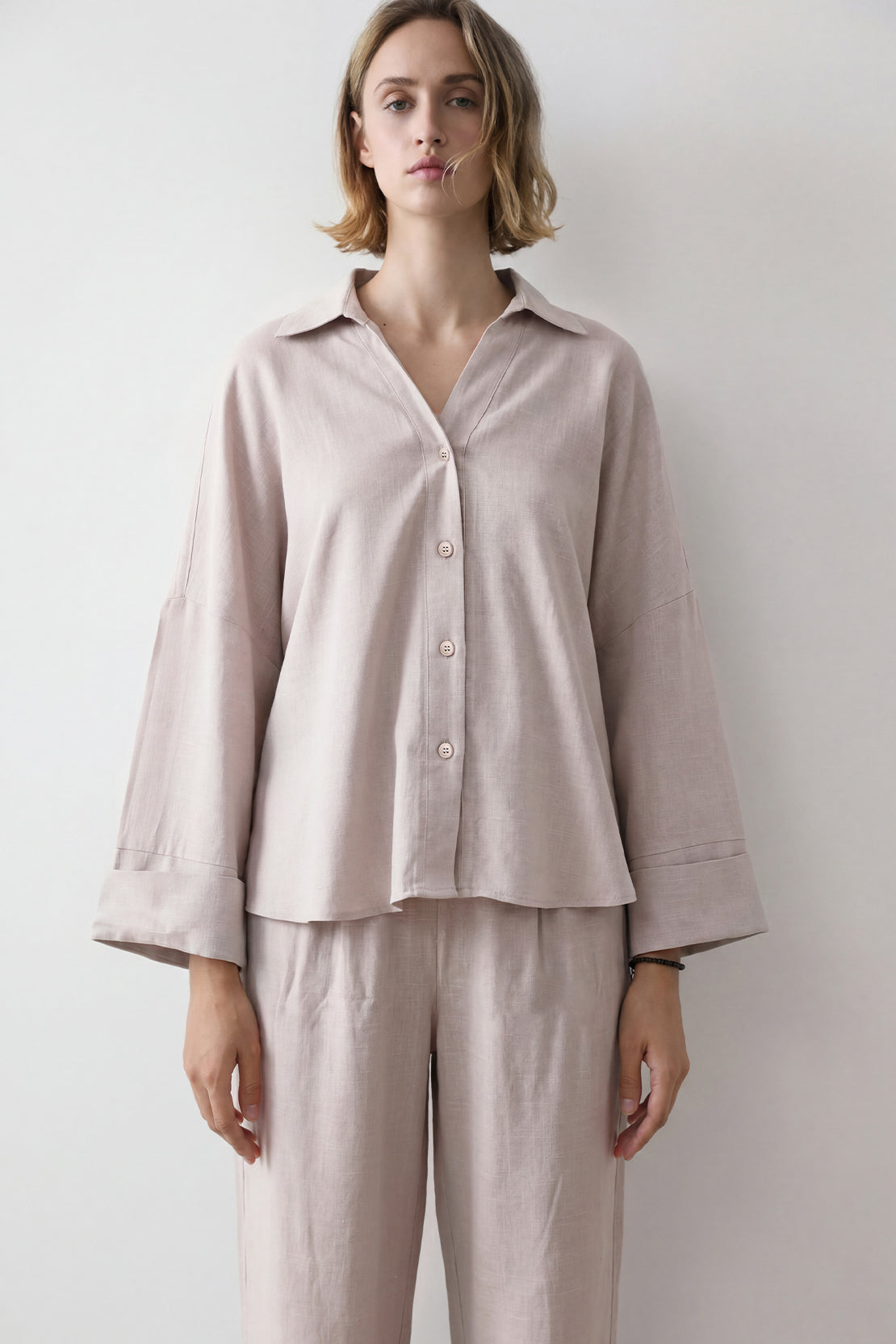 KOKO Linen Blend Relaxed Button Down Top – Soft Grey