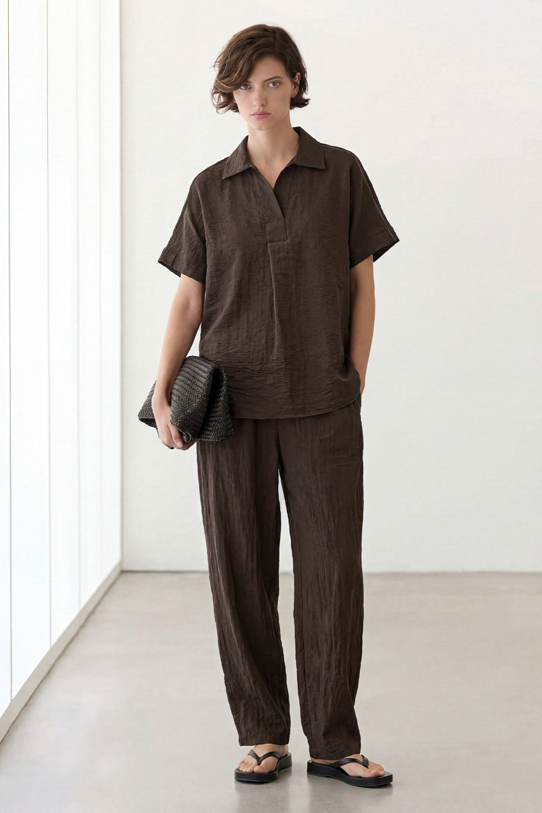 KOKO Cloud Muslin V-Neck Shirt & Relaxed Pants – Brown
