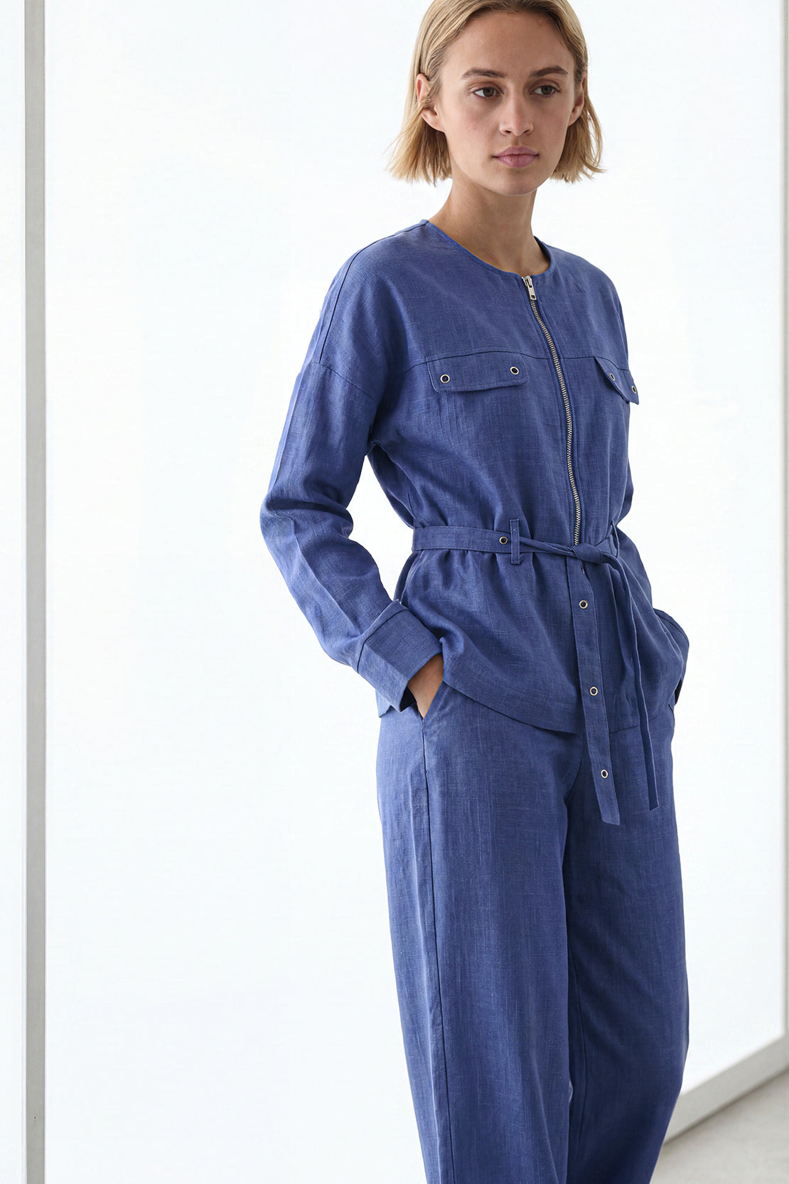 KOKO Structured Linen Zip-Up Top & Bottom – Royal Blue