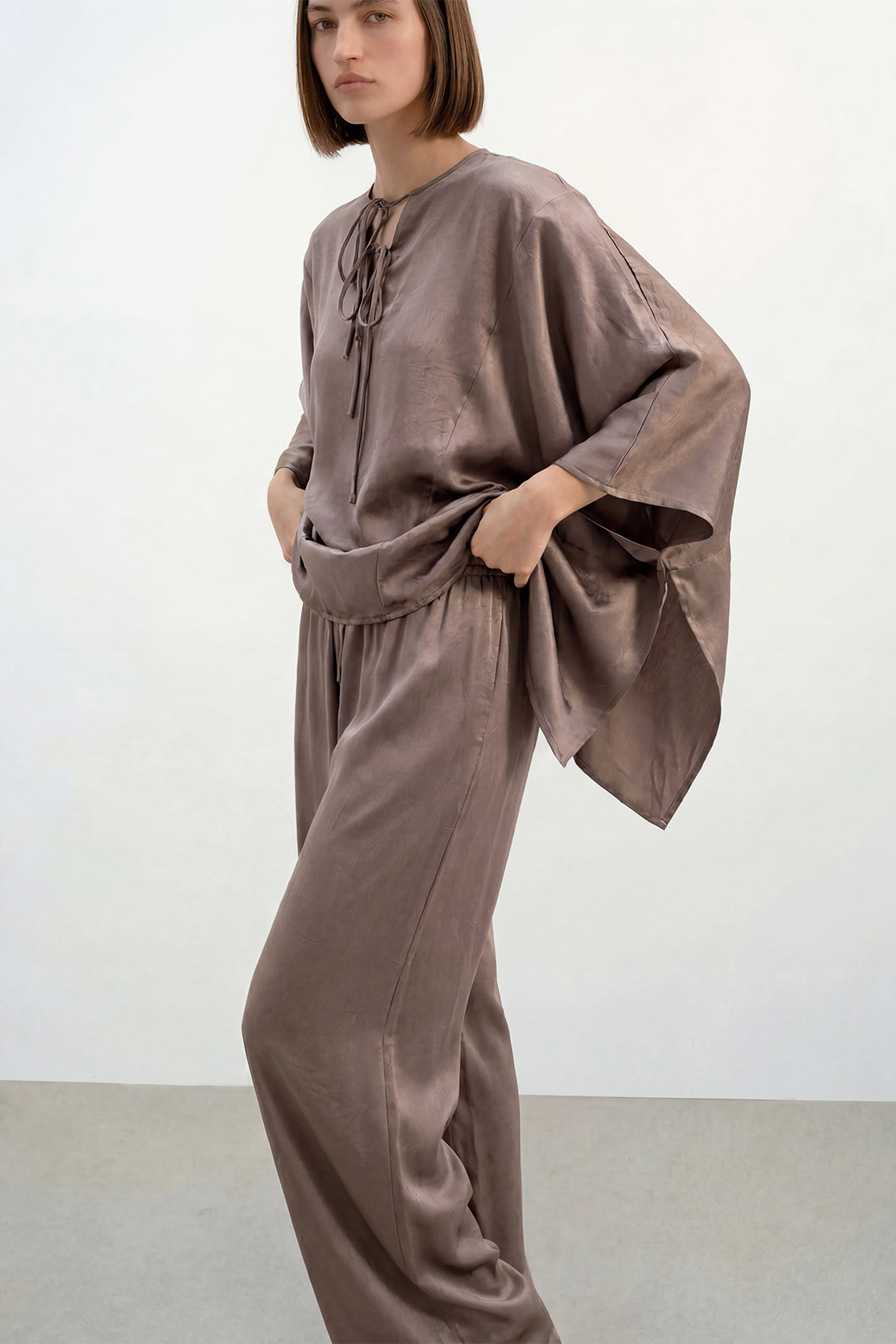 KOKO Structured Silk Tie-Front Top & Wide-Leg Bottom – Brown