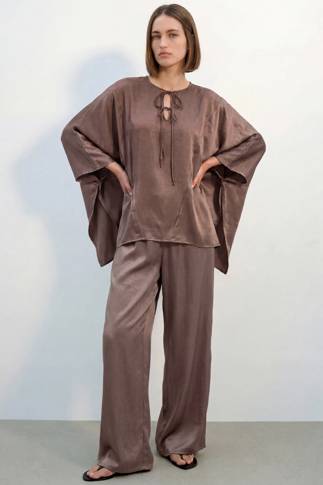 KOKO Structured Silk Tie-Front Top & Wide-Leg Bottom – Brown