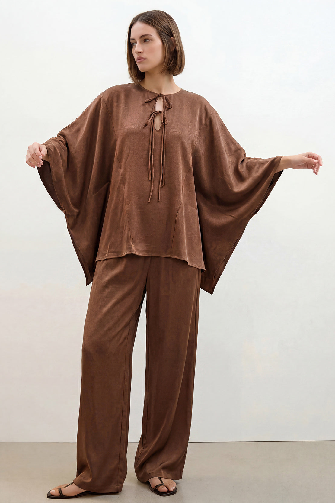 KOKO Structured Silk Tie-Front Top & Wide-Leg Bottom – Dark Brown